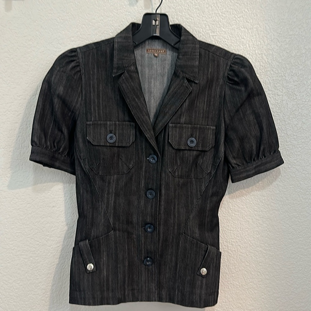 Longchamp fitted puff sleeve black denim structured shirt